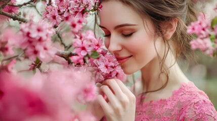 Fototapeta premium International Women's Day. Extremely happy woman in a bright pink dress is smelling a bunch of spring flowers