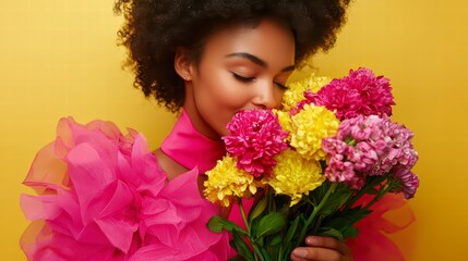 Naklejka premium International Women's Day. Extremely happy woman in a bright pink dress is smelling a bunch of spring flowers