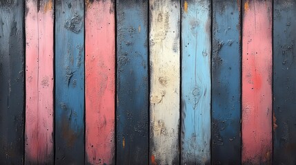 Colorful wooden planks arranged vertically, showcasing a weathered vintage look.