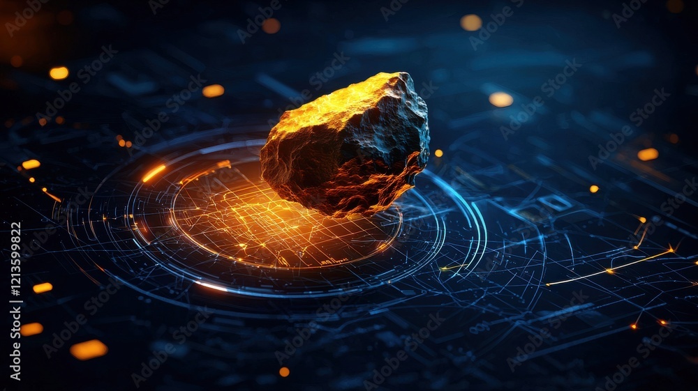 Poster a glowing asteroid hovers above a digital interface, surrounded by luminous particles and intricate 