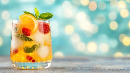 A vibrant summer cocktail is beautifully presented with ice, citrus slices, and mint leaves, showcasing colorful bokeh lights in the background