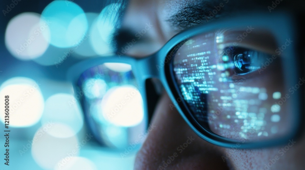 Poster glasses-clad man analyzes complex data using computer at night, illuminated by screen lights and ref