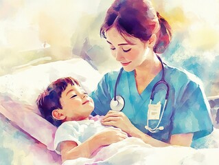 Tender moment of a nurse with a child patient in bed, captured in a soft watercolor illustration style with gentle brushstrokes, conveying compassion and care.