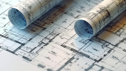 Detailed architectural blueprints rolled out on a flat surface, showcasing intricate designs.