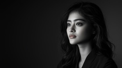 Fototapeta premium A woman with long dark hair and a serious expression. Generative AI