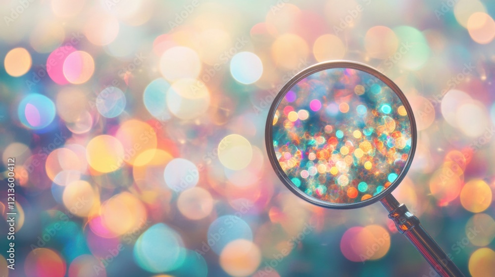 Poster a magnifying glass magnifies colorful bokeh lights, showcasing a dazzling array of sparkling hues an