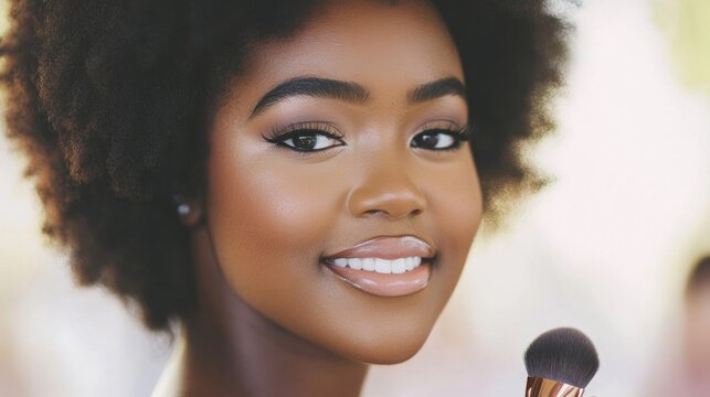 Skilled makeup artist applies blush to a modelвЂ™s cheeks, showcasing artistry in a bright outdoor environment with natural lighting