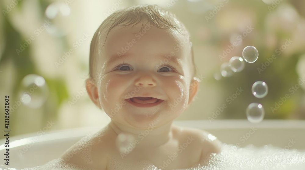 Poster a cheerful baby splashes and smiles while playing with floating bubbles during a delightful bath tim