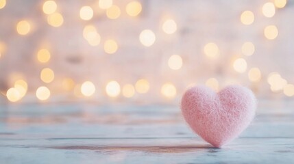 Obraz premium A soft pink heart rests on a rustic wooden table, surrounded by glimmering bokeh lights that enhance the cozy ambiance