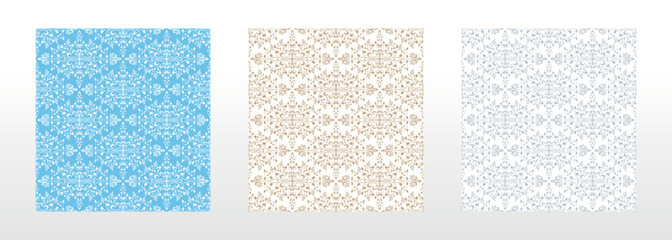 Wallpapers in the style of Baroque. Seamless vector backgrounds. Set of colored floral ornaments. Graphic patterns for fabric, wallpaper, packaging. Ornate Damask flower ornaments