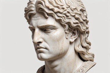 Obraz premium Close-up of a classical marble bust of a young man with flowing hair, showing detailed features and texture.