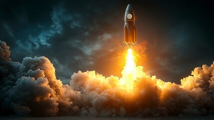 A 3D illustration of a light bulb rocket taking off with smoke, representing the explosion of ideas and the dynamic energy of education and startups.