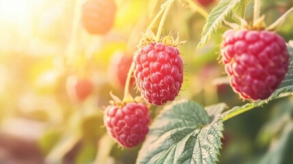 Vibrant raspberries hang on bushes, enjoying the warm sunlight of a summer day in a lush garden...