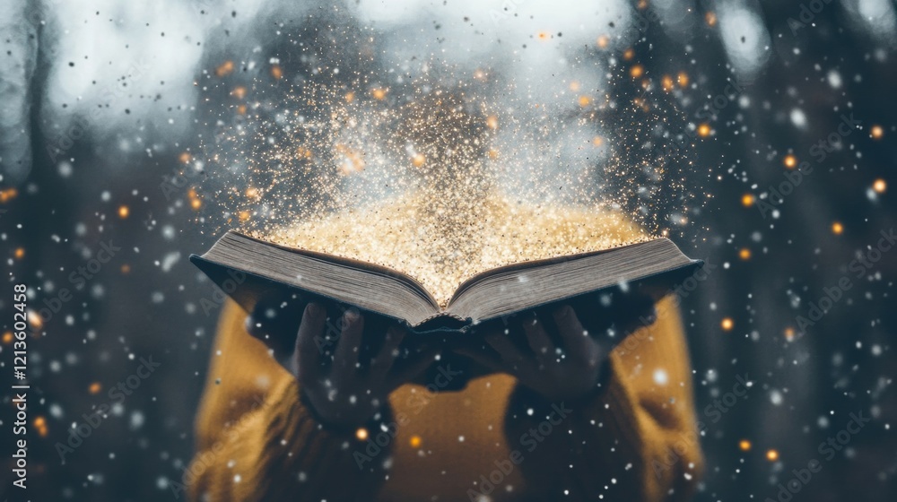 Poster hands hold an open book as magical sparks and shimmering dust rise, creating a mystical atmosphere i