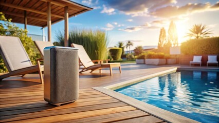 Poolside Speaker, Sun Lounger, Luxury Resort, Architectural Photography, Summer Relaxation, Modern Design, Outdoor Audio
