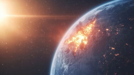 A nuclear explosion erupts on Earth, visible from space, with fiery devastation illuminating the planet's surface against a cosmic backdrop