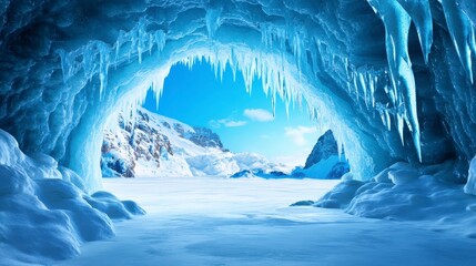 Stunning Ice Cave with Icicles and Snowy Landscape in Winter Season