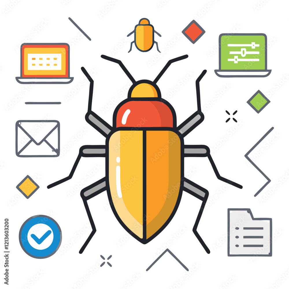 Poster a bug is emphasized amidst various digital symbols related to software development, including laptop