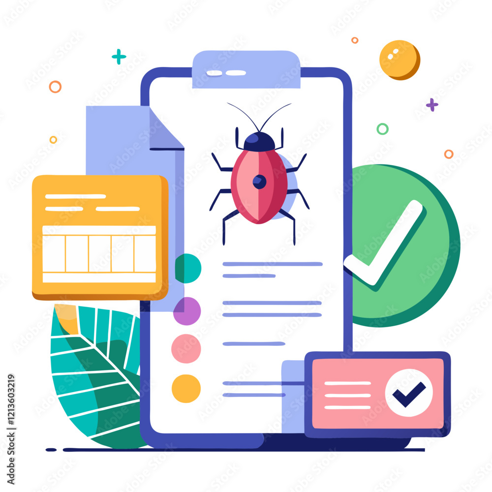 Poster a digital device shows a bug report being created. surrounding graphics include checkmarks, colorful