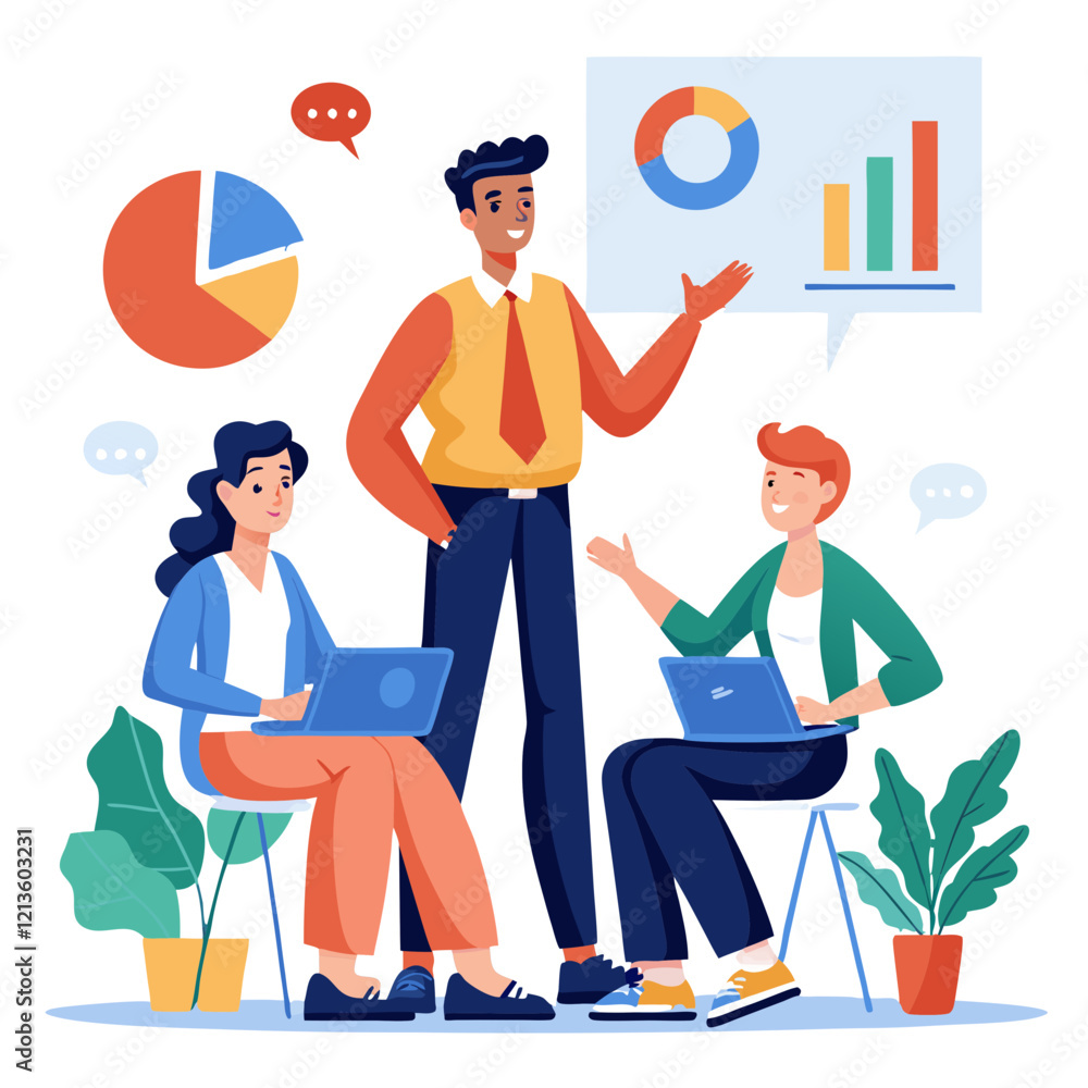 Poster a sales manager engages with team members to discuss strategies and analyze performance metrics. the