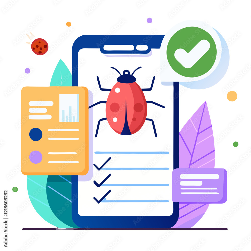 Poster a bug report is being generated on a smartphone, featuring a graphic of a bug and checklists alongsi