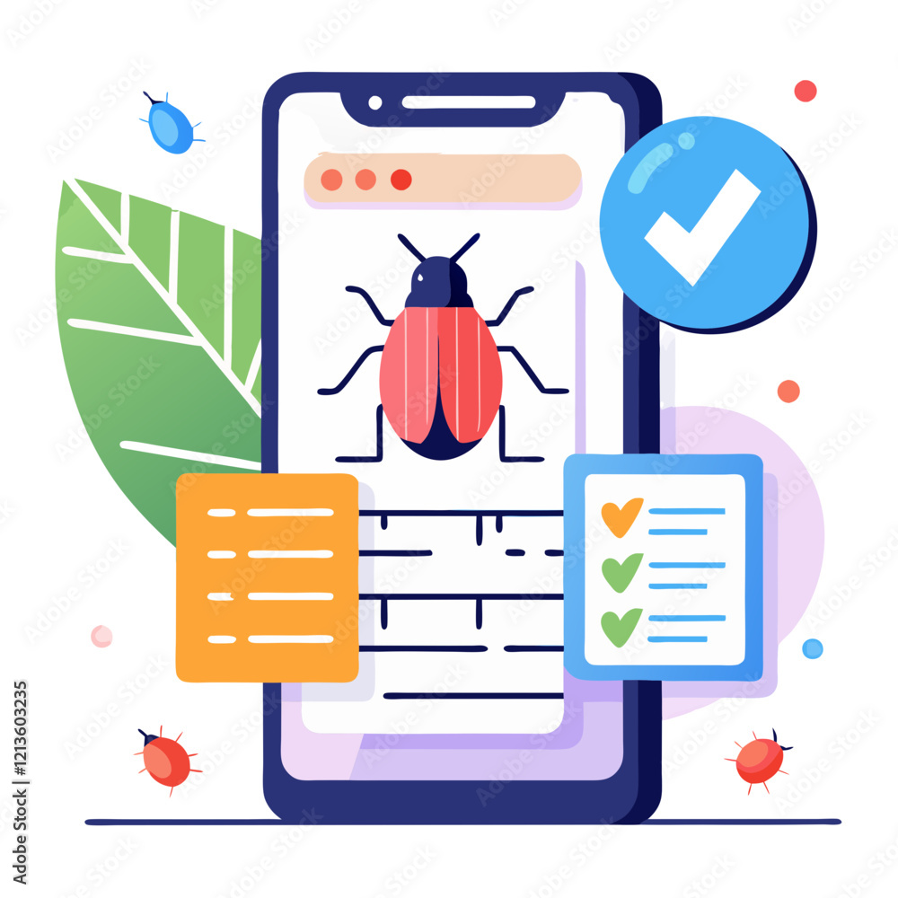 Poster a smartphone displays a bug report being created with checkmarks and a graphic of an insect. the bac