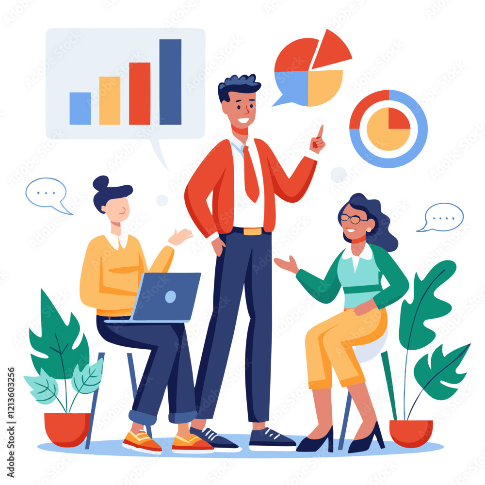 Poster a sales manager stands confidently while guiding a diverse team during a strategy meeting focused on