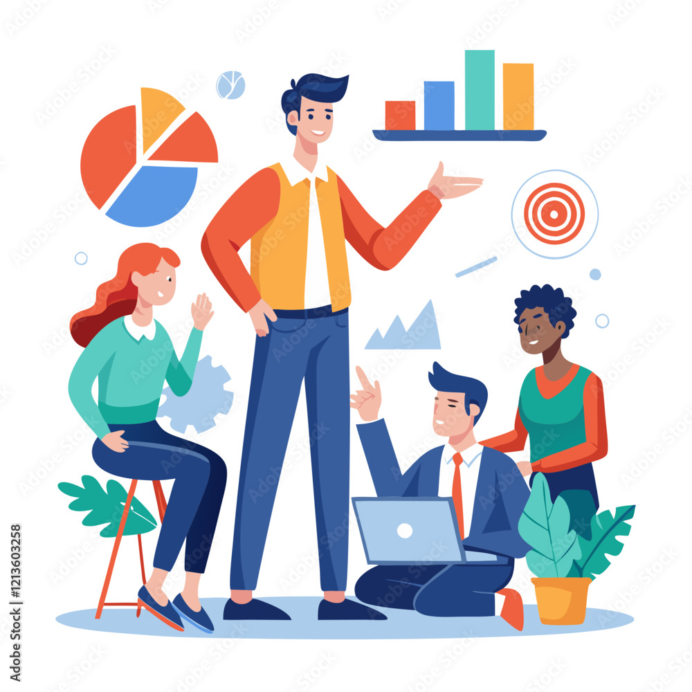 Poster a sales manager stands confidently while guiding a diverse team through a planning session focused o
