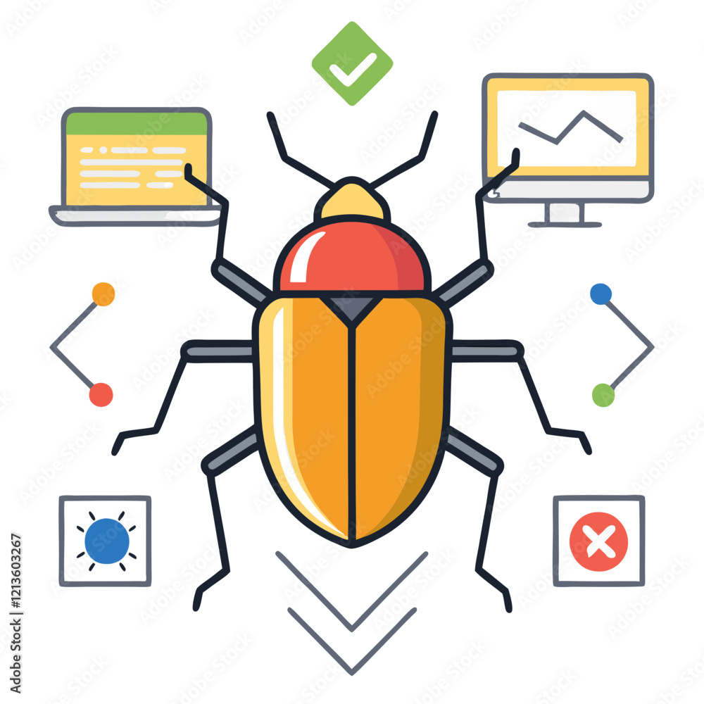 Poster a bug is emphasized in a line of code, surrounded by graphics depicting computer screens, analytics,