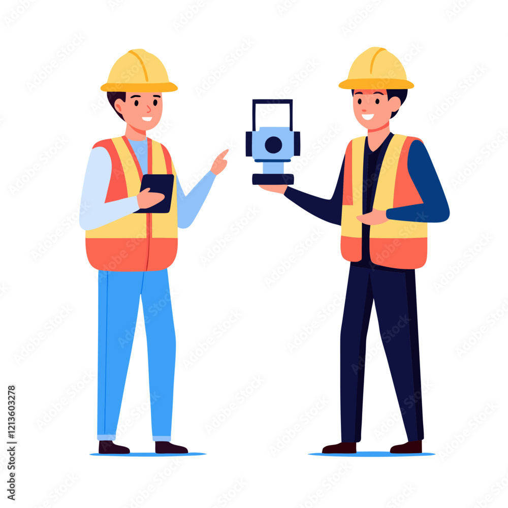 Poster two engineers wearing safety vests and helmets are checking site elevations. one uses a laser tool w