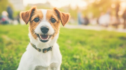 A happy puppy sits in a park surrounded by people enjoying the warm weather and green grass