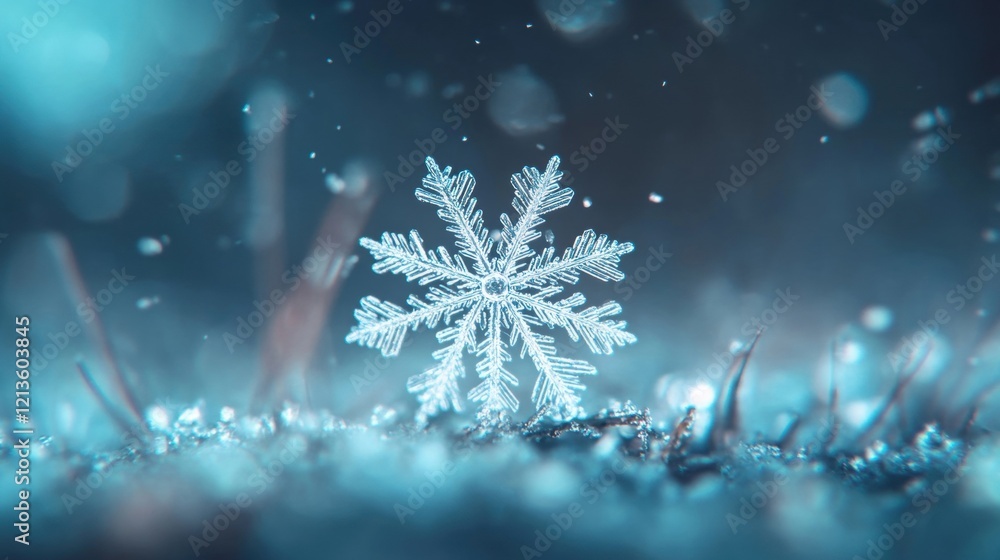 Poster delicate snowflakes showcase unique patterns as they settle onto a frosty surface in a serene winter