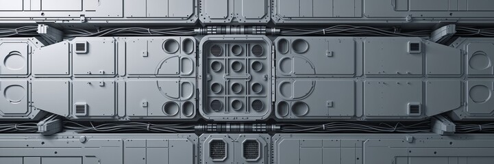 Detailed futuristic gray wall with panels and cable conduit abstract science fiction