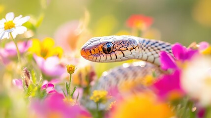 Obraz premium A Captivating Close-Up of a Colorful Snake Among Vibrant Wildflowers in a Lush Garden Setting, Showcasing Nature's Beauty and Intricacy