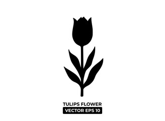 A simple black silhouette of a tulip flower with leaves, suitable for graphic design use.