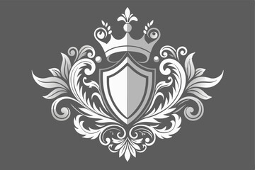 Elegant Royal Crest Shield, Crown, Flourishes, Vintage, Design, Monogram, Heraldic, Emblem, Baroque.