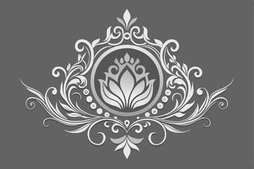 Elegant Silver Floral Ornament Design, Vintage Style, Grey Background.