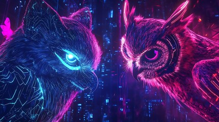 Futuristic neon wolf and owl clashing in a digital cyberpunk setting