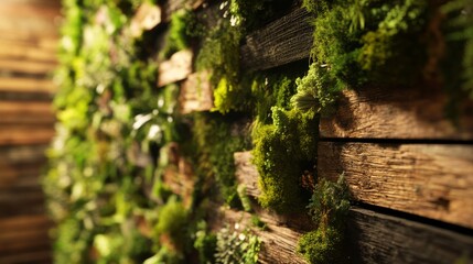 Living wall typography, preserved moss lettering, pine needle details, mixed foliage textures, rustic wood surface, natural light ambiance, biophilic text design, sustainable art installation