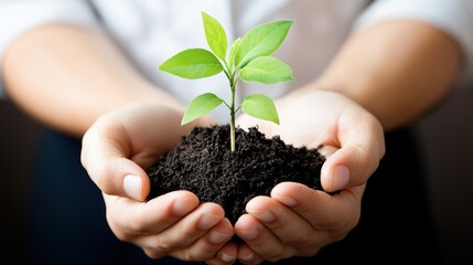 A person holds a small plant in soil, symbolizing growth, care, and environmental awareness.