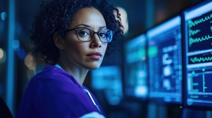 Nurse focuses on computer screens, reviewing vital patient information in a clinical setting during evening hours