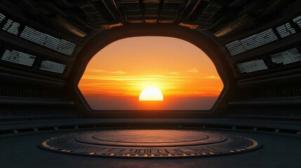 Obraz premium clean energy wind policy concept. Futuristic interior view of a sunset through a large archway in a sci-fi environment.