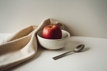 Red apple in speckled bowl with beige cloth