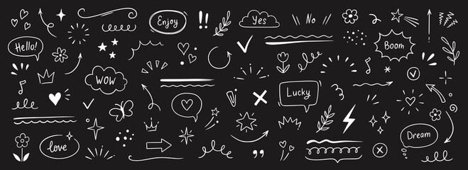 Cute line sketch star, arrow, heart decoration element icon set. Hand drawn sketch doodle cute star, emphasis, flower element. Pen line text decoration shape icon. Chalkboard vector illustration.