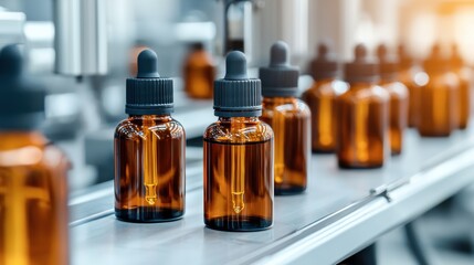 A production line of amber glass bottles, typically used for essential oils or liquids, arranged neatly on a conveyor belt.