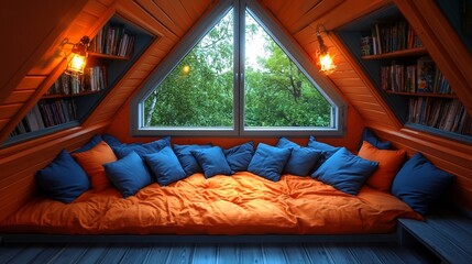 Cozy attic reading nook with window, bookshelves, and cushions.