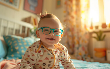  Adorable portrait of a happy baby wearing glasses in a brightly lit room