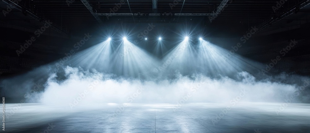 Poster a dimly lit stage with bright spotlights piercing through a layer of smoke, creating a dramatic and 