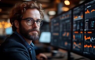 Fototapeta premium Focused businessman working with data on multiple monitors.