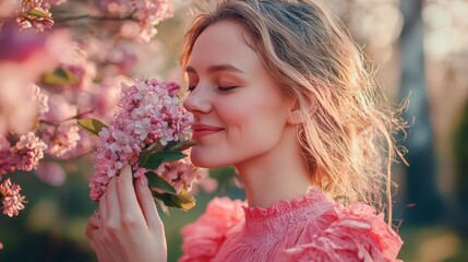 Fototapeta premium A young woman with golden hair and a gentle smile inhales the sweet scent of pink blossom, capturing the essence of spring's gentle awakening.
